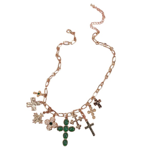 Jade Cross Charm Necklace Gold Tone Multi Pendant Fashion Jewelry - Picture 1 of 3